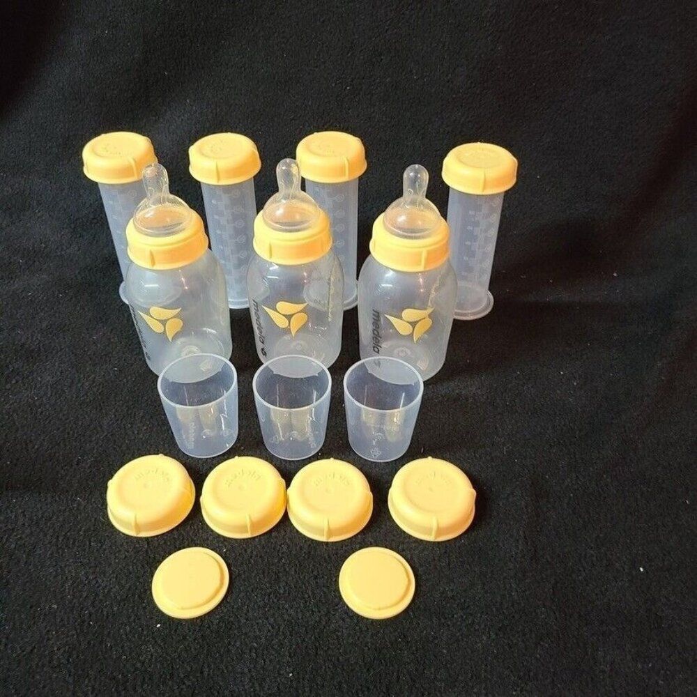 Medela Clear Bottles Nipples Breast Milk Storage Containers Yellow Lids Lot 16